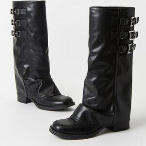 SHOEDAZZLE KNEE HI FLAT BOOT FAUX LEATHER INNER ZIP 3 BUCKLE ACCENT TRUE TO SIZE